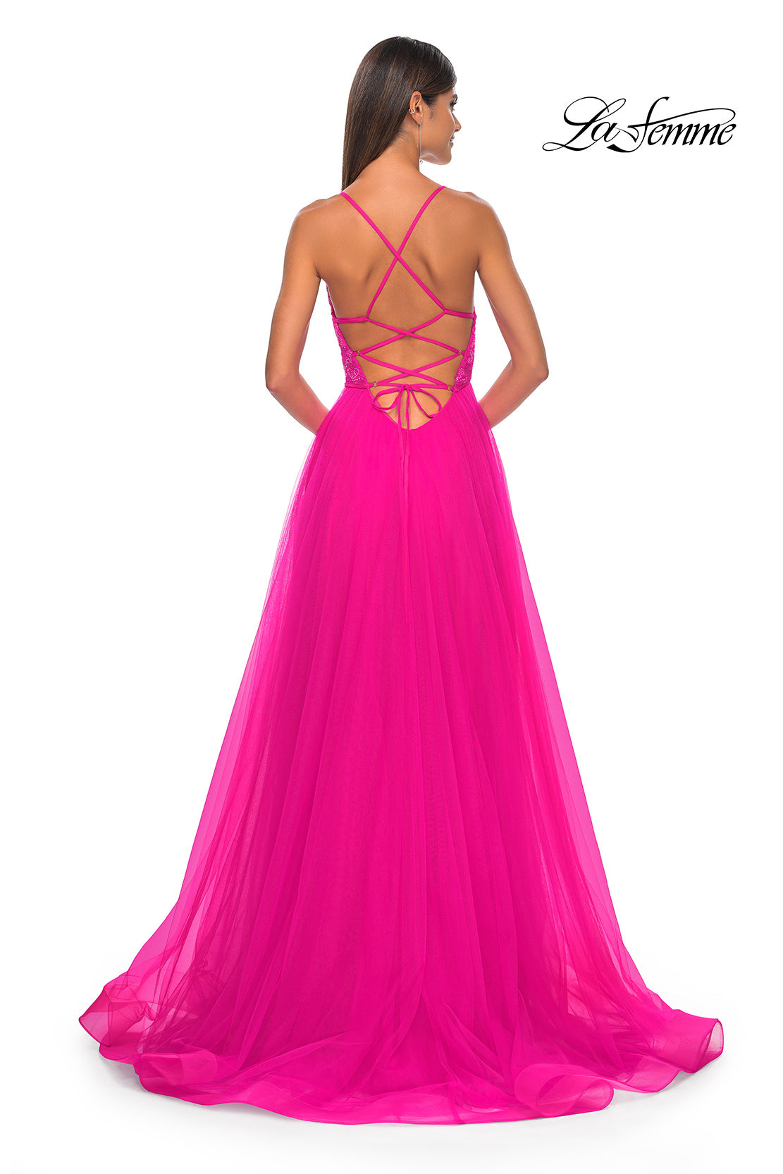 Picture of: Illusion Lace Bodice A-Line Tulle Prom Dress with Slit in Hot Fuchsia, Style: 32059, Detail Picture 3