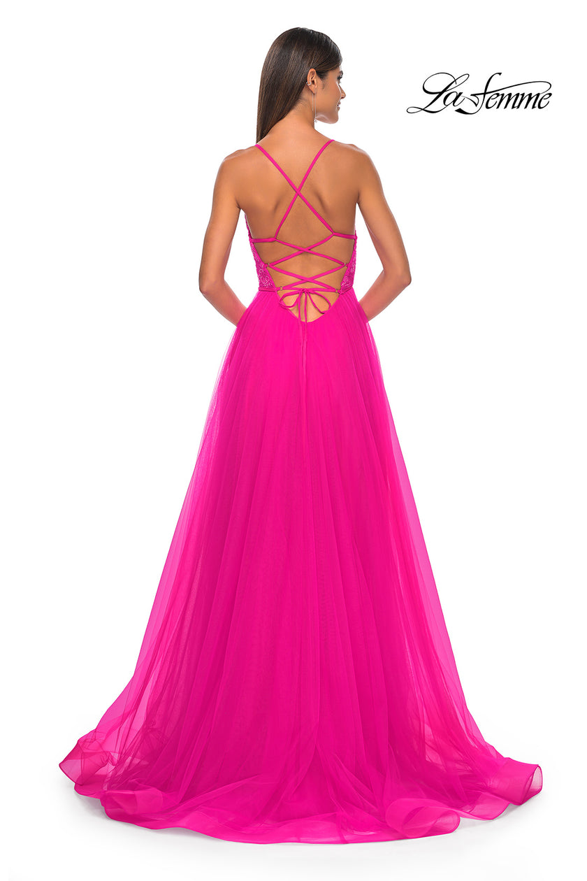 Picture of: Illusion Lace Bodice A-Line Tulle Prom Dress with Slit in Hot Fuchsia, Style: 32059, Detail Picture 3