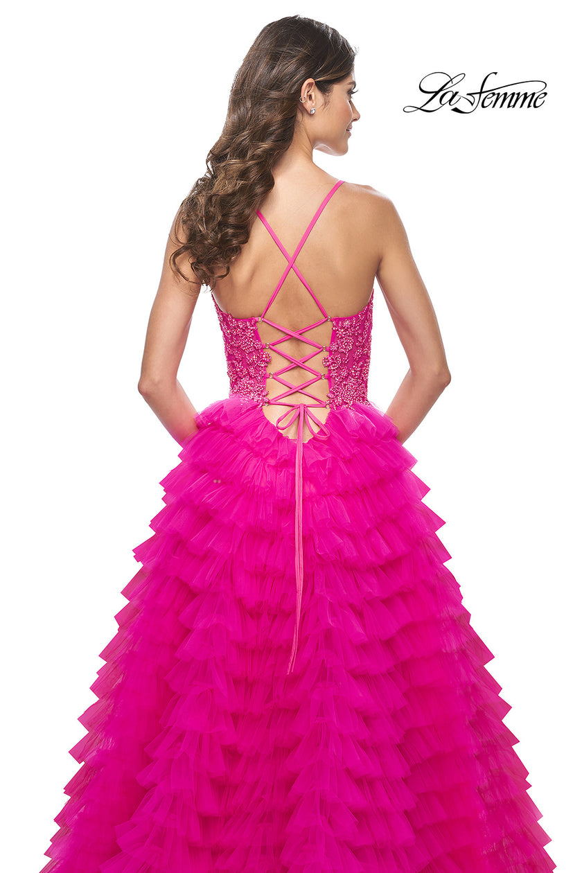 Picture of: Neon Ruffle Tulle Prom Gown with Illusion Lace Bodice and High Slit in Hot Fuchsia, Style: 32334, Detail Picture 3