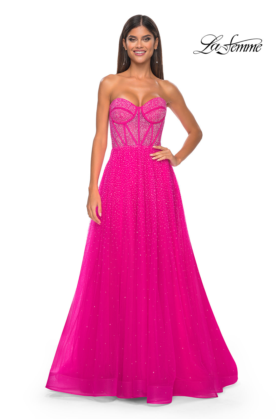 Picture of: Rhinestone Embellished A-line Tulle Gown with Corset Top in Hot Fuchsia, Style: 32278, Detail Picture 4