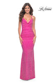 Picture of: Neon Rhinestone Embellished Ruched Prom Dress with Draped Neckline in Hot Fuchsia, Style: 31968, Detail Picture 5