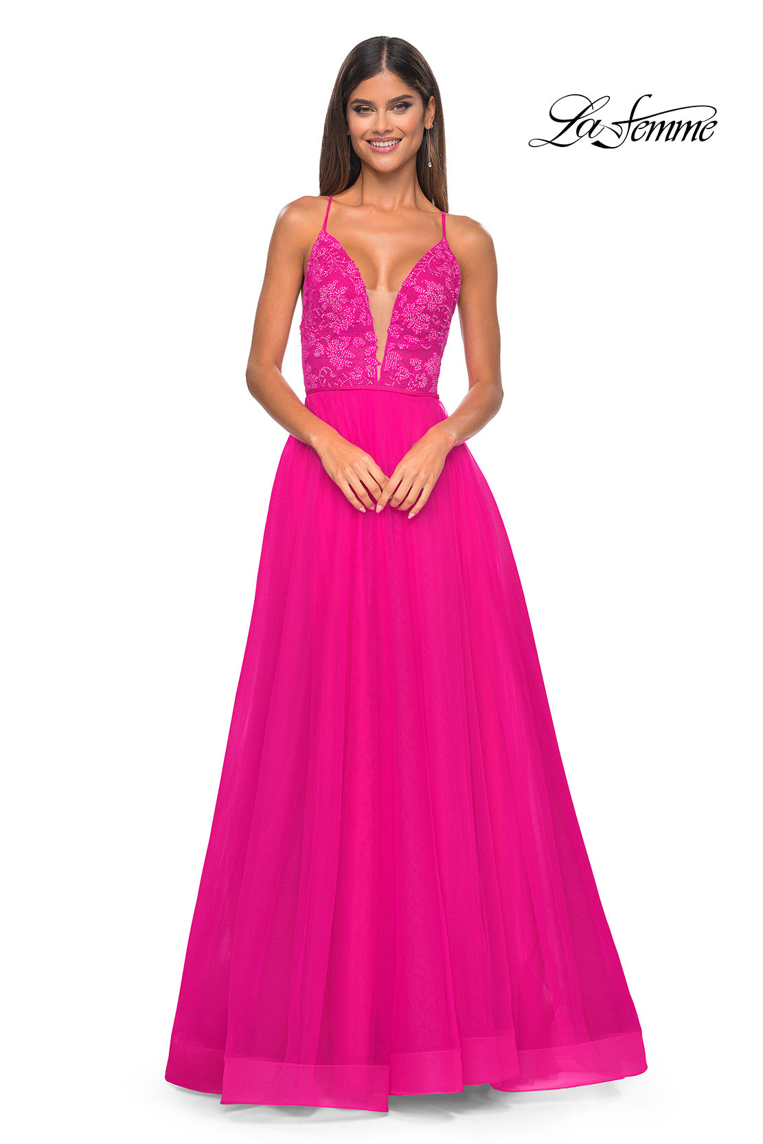 Picture of: Illusion Lace Bodice A-Line Tulle Prom Dress with Slit in Hot Fuchsia, Style: 32059, Detail Picture 5