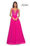 Picture of: Illusion Lace Bodice A-Line Tulle Prom Dress with Slit in Hot Fuchsia, Style: 32059, Detail Picture 5