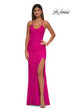 Picture of: Stretch Lace Prom Dress with Scoop Neck and Lace Up Back in Hot Fuchsia, Style: 33036, Detail Picture 5