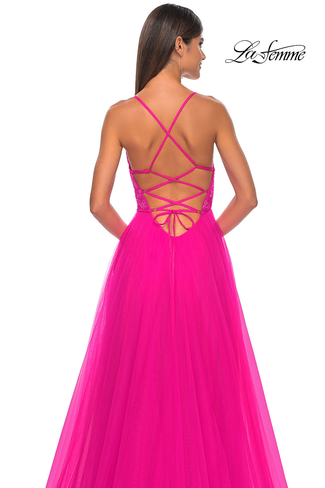 Picture of: Illusion Lace Bodice A-Line Tulle Prom Dress with Slit in Hot Fuchsia, Style: 32059, Detail Picture 6