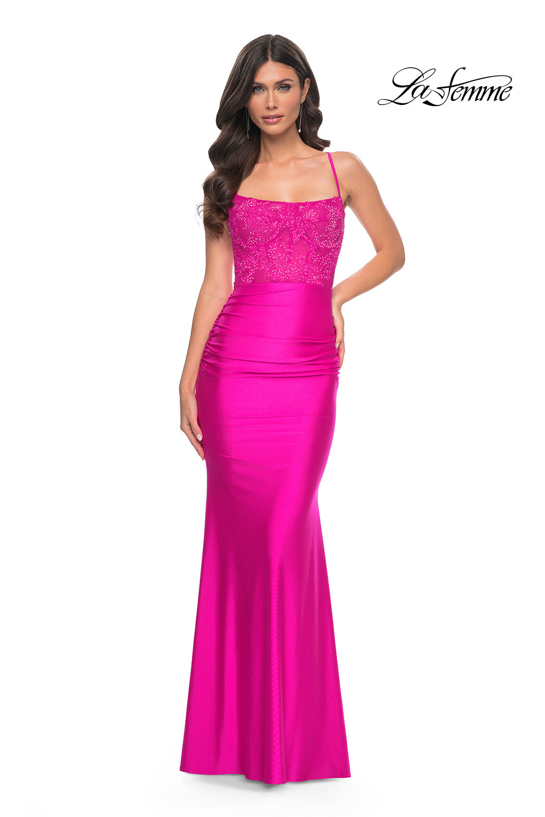 Picture of: Neon Ruched Jersey Dress with Illusion Corset Lace Top in Pink, Style: 32322, Detail Picture 6