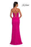 Picture of: Stretch Lace Prom Dress with Scoop Neck and Lace Up Back in Hot Fuchsia, Style: 33036, Detail Picture 6