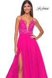 Picture of: Illusion Lace Bodice A-Line Tulle Prom Dress with Slit in Hot Fuchsia, Style: 32059, Detail Picture 7