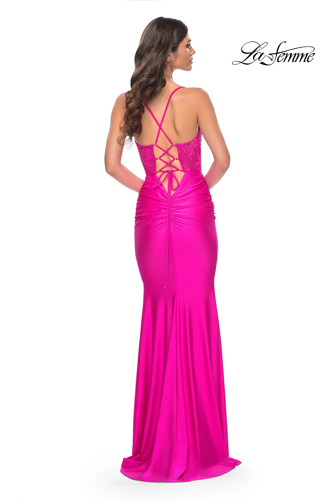 Picture of: Neon Ruched Jersey Dress with Illusion Corset Lace Top in Pink, Style: 32322, Detail Picture 7