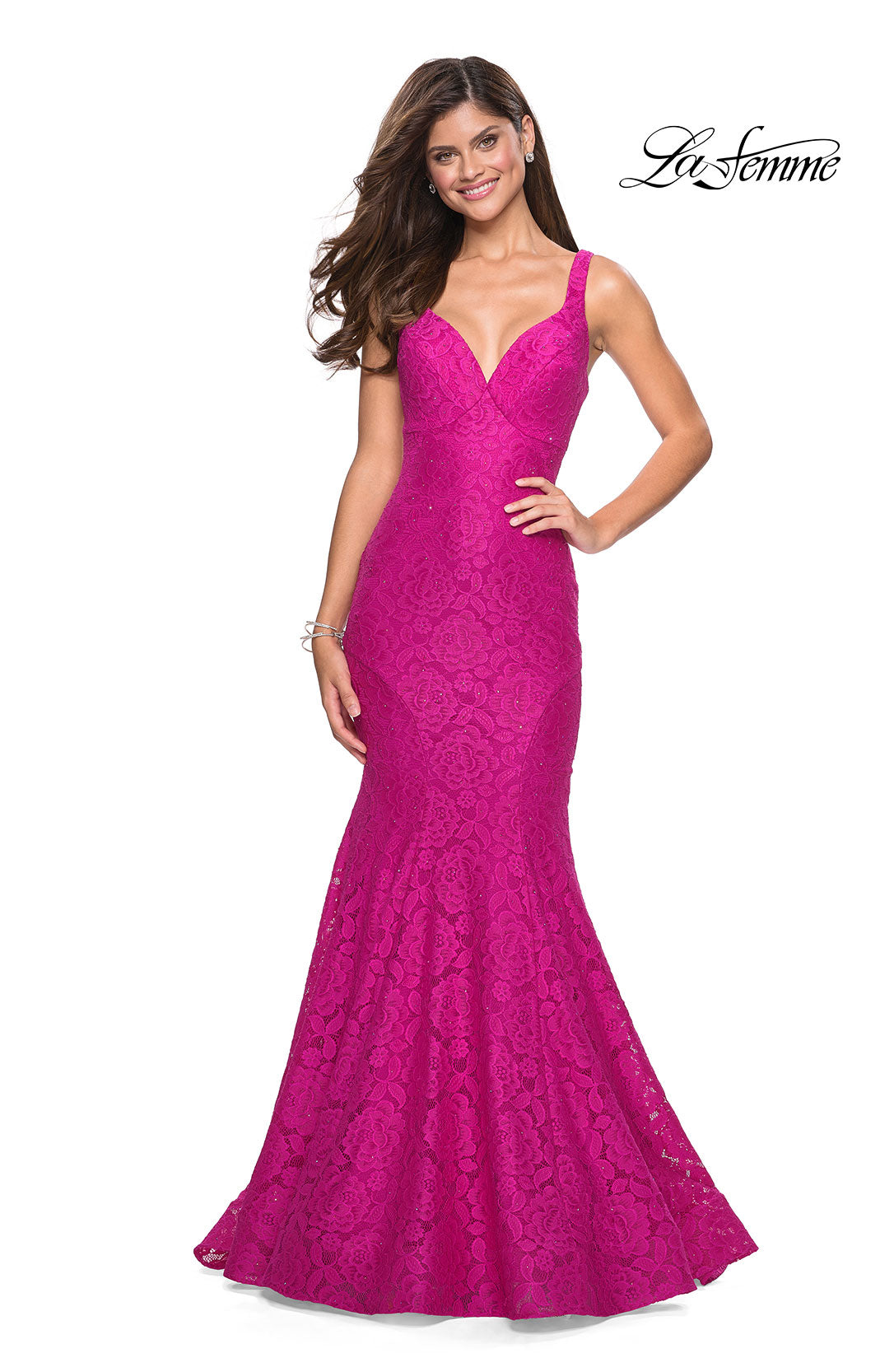 Picture of: Stretch Lace Long Dress with Open Strappy Back in Hot Pink, Style: 27623, Main Picture