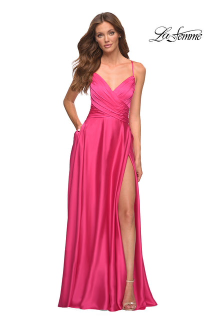 Picture of: Satin Hot Pink Gown with Criss-Cross Ruched Top in Pink, Style: 30616, Main Picture