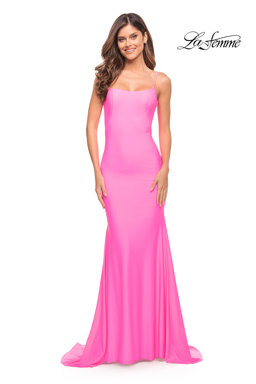 Picture of: Chic Luxe Jersey Gown with Train and V Back in Bright Colors in Hot Pink, Style: 30682, Main Picture