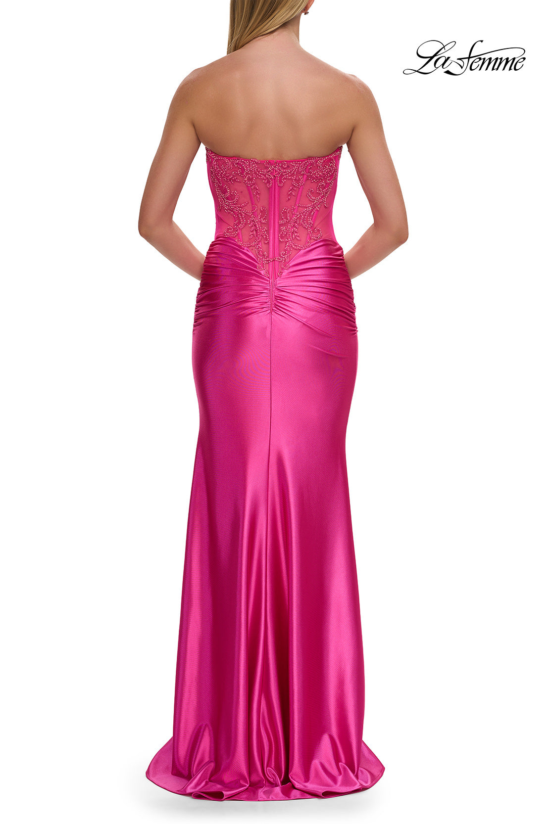 Picture of: Strapless Embellished Corset Gown with Satin Skirt in Hot Pink, Style: 33639, Detail Picture 10