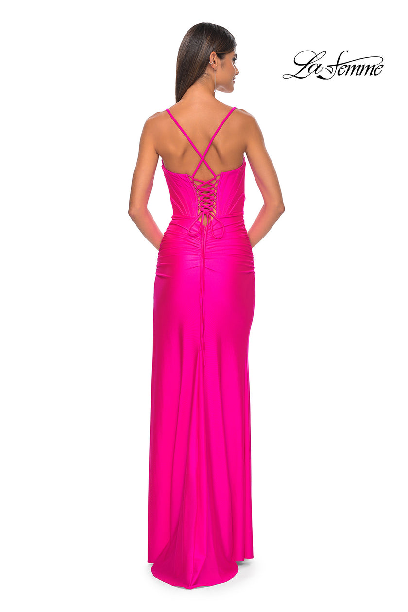 Picture of: Bustier Top Jersey Prom Dress with Intricate Lace Up Back in Hot Pink, Style: 32256, Detail Picture 12