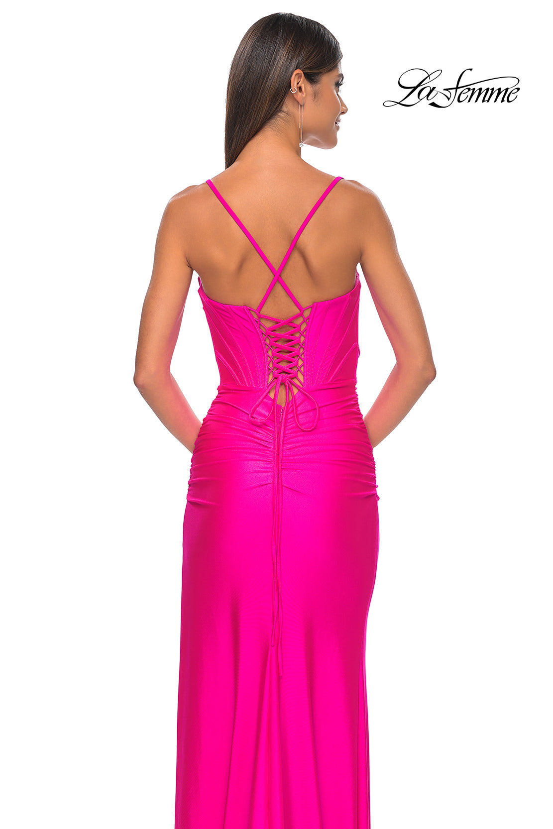 Picture of: Bustier Top Jersey Prom Dress with Intricate Lace Up Back in Hot Pink, Style: 32256, Detail Picture 13