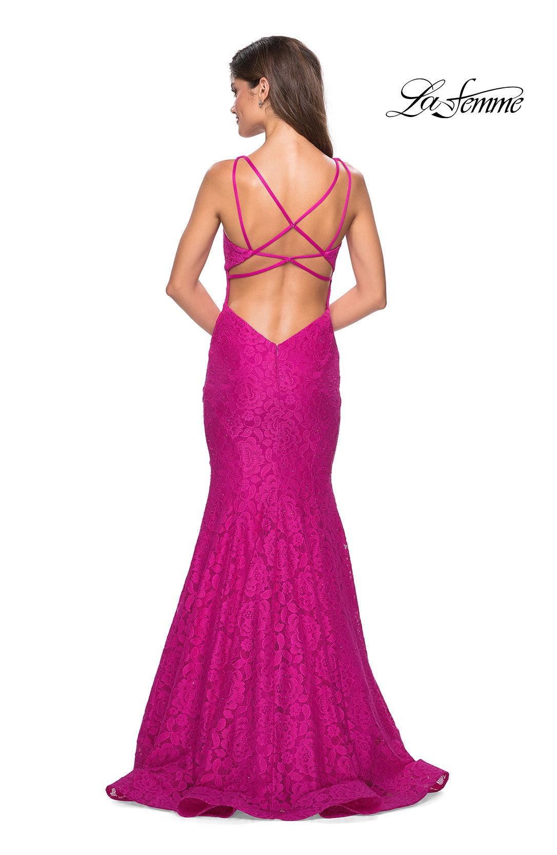 Picture of: Stretch Lace Long Dress with Open Strappy Back in Hot Pink, Style: 27623, Back Picture