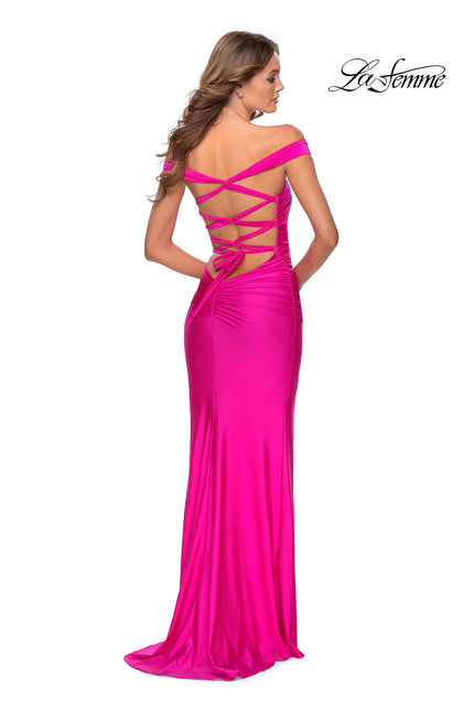 Picture of: Off the Shoulder Prom Dress with Tie Back and Slit in Hot Pink, Style: 28506, Back Picture