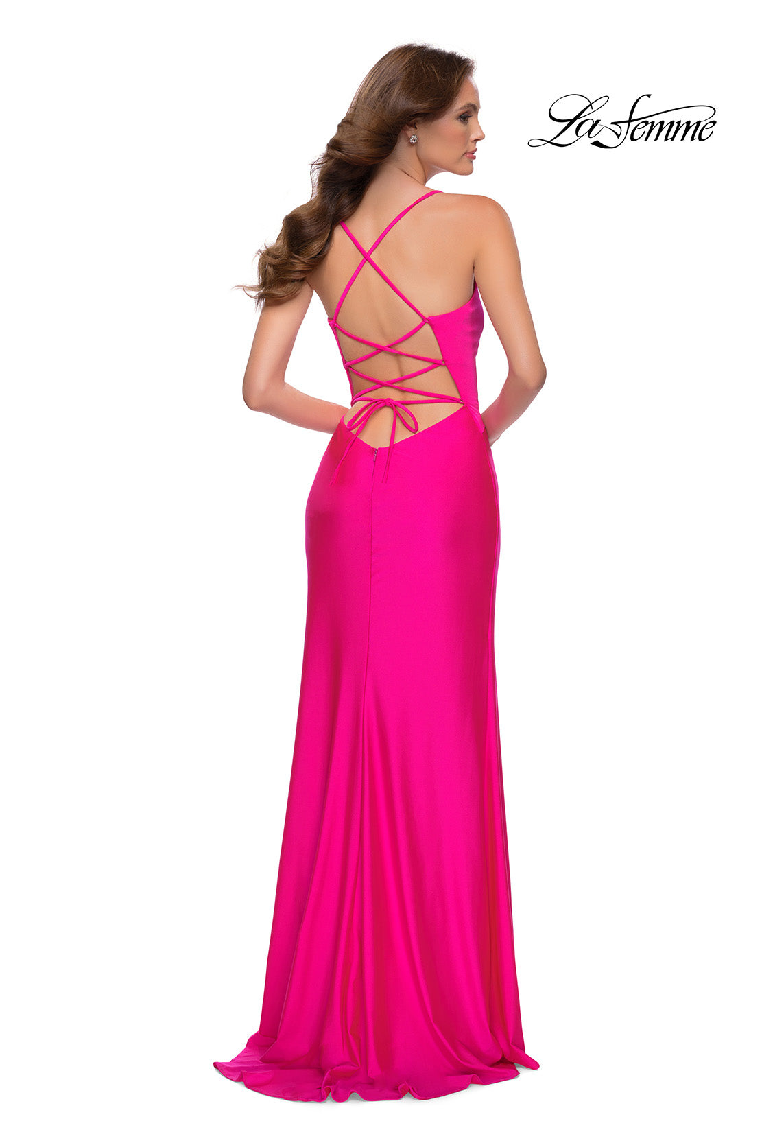 Picture of: Neon Pink Jersey Gown with Knot Waist and Lace Up Back in Hot Pink, Style 29870, Back Picture