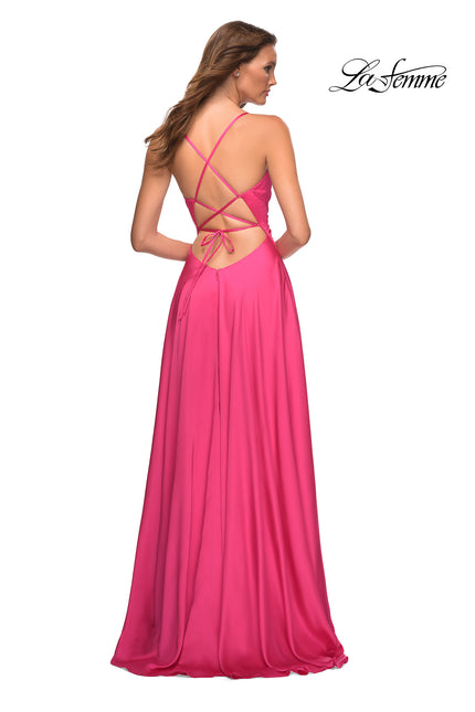 Picture of: Satin Hot Pink Gown with Criss-Cross Ruched Top in Pink, Style: 30616, Back Picture