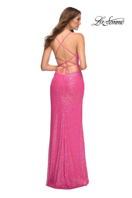 Picture of: Hot Pink Draped Slit Long Sequin Gown with Lace Up Back in Pink, Style: 30624, Back Picture