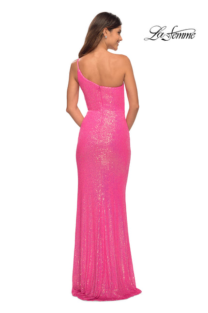 Picture of: Hot Pink Simple One Shoulder Long Sequin Dress in Hot Pink, Back Picture