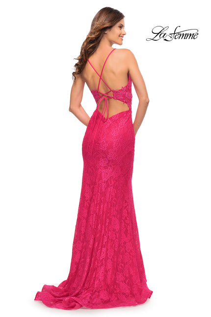 Picture of: Lace Gown with Sheer Lace Applique Side Panels in Hot Pink in Hot Pink, Style: 30690, Back Picture