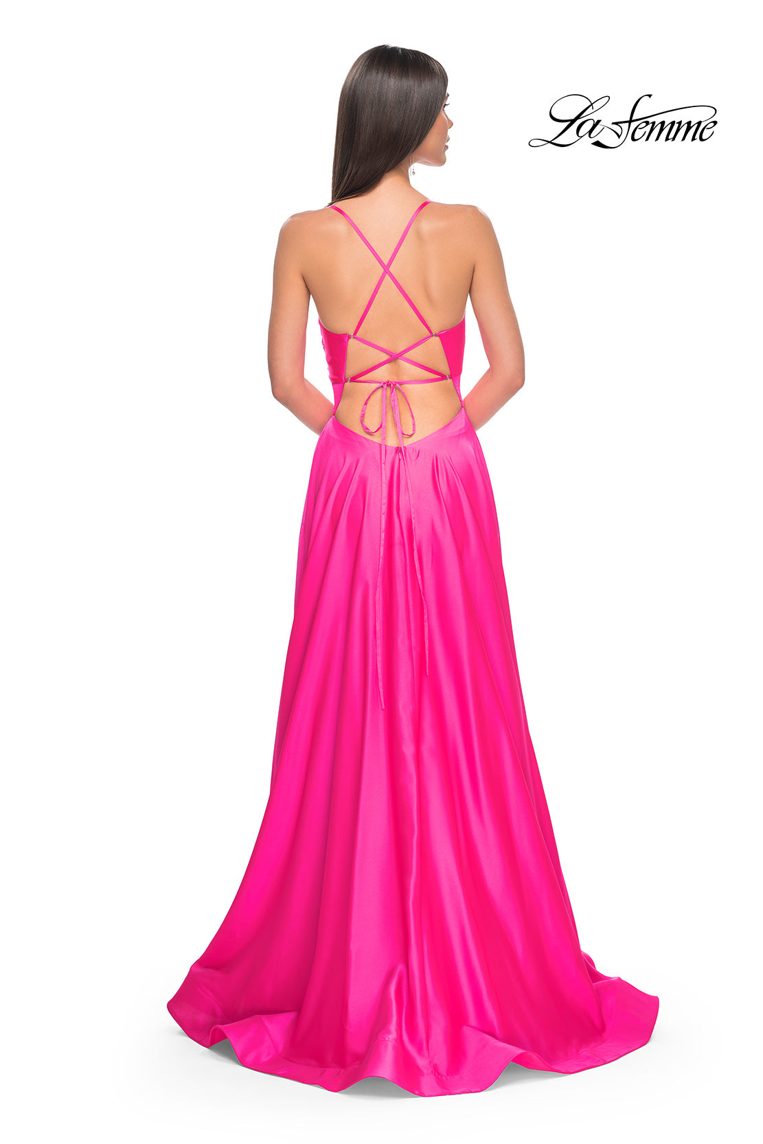Picture of: Satin A-Line Gown with Cut Out and Twist Bodice in Neon in Hot Pink, Style: 31412, Back Picture