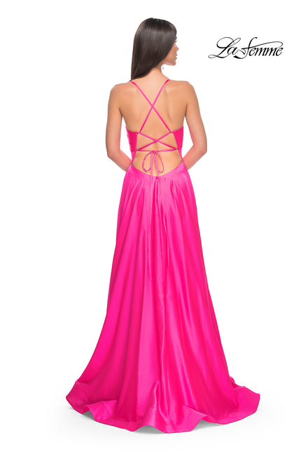 Picture of: Satin A-Line Gown with Cut Out and Twist Bodice in Neon in Hot Pink, Style: 31412, Back Picture