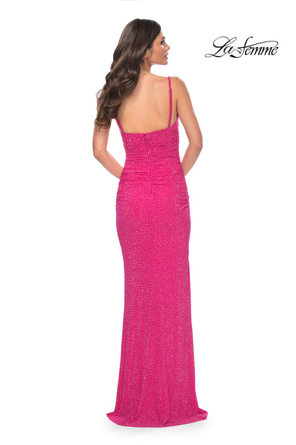 Picture of: Neon Net Jersey Rhinestone Prom Dress with Corset Waist in Pink, Style: 32338, Back Picture