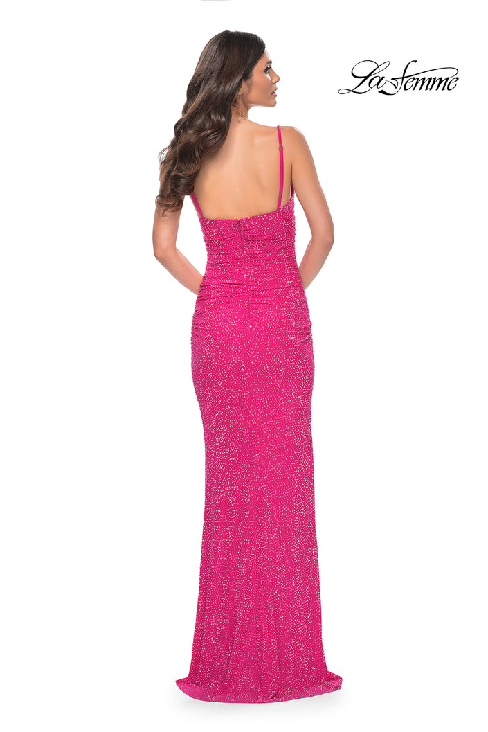 Picture of: Neon Net Jersey Rhinestone Prom Dress with Corset Waist in Pink, Style: 32338, Back Picture