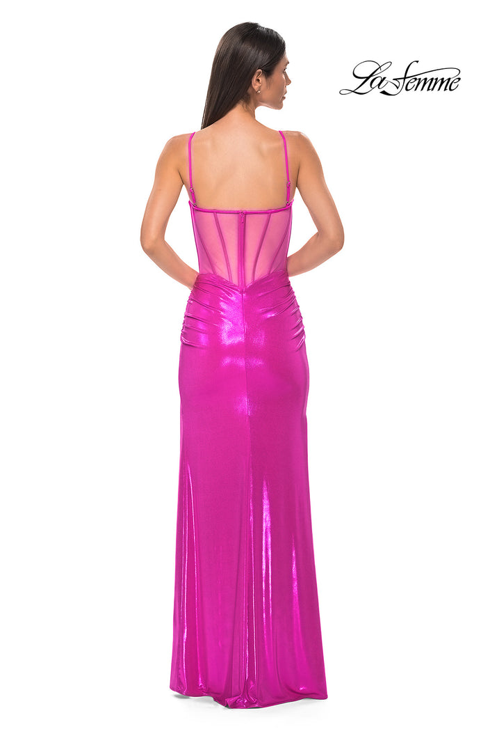 Picture of: Metallic Jersey Fitted Dress with Corset Top and Sheer Back in Hot Pink, Style 32526, Back Picture