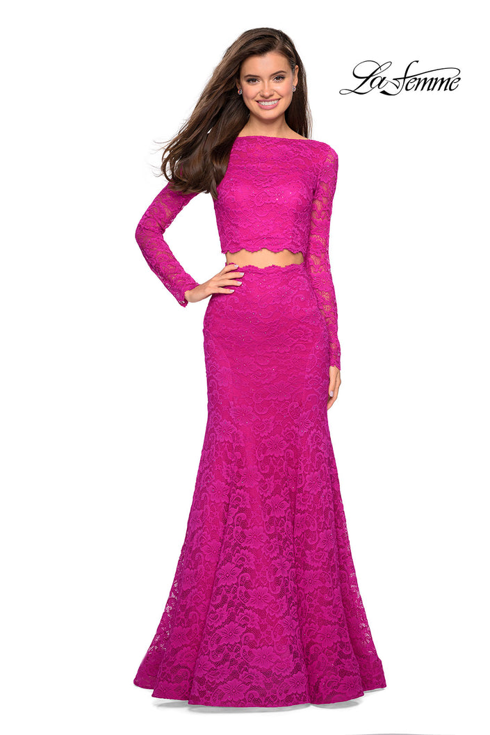 Picture of: Stretch Lace Long Sleeve Two Piece Prom Dress in Hot Pink, Style: 27601, Detail Picture 1