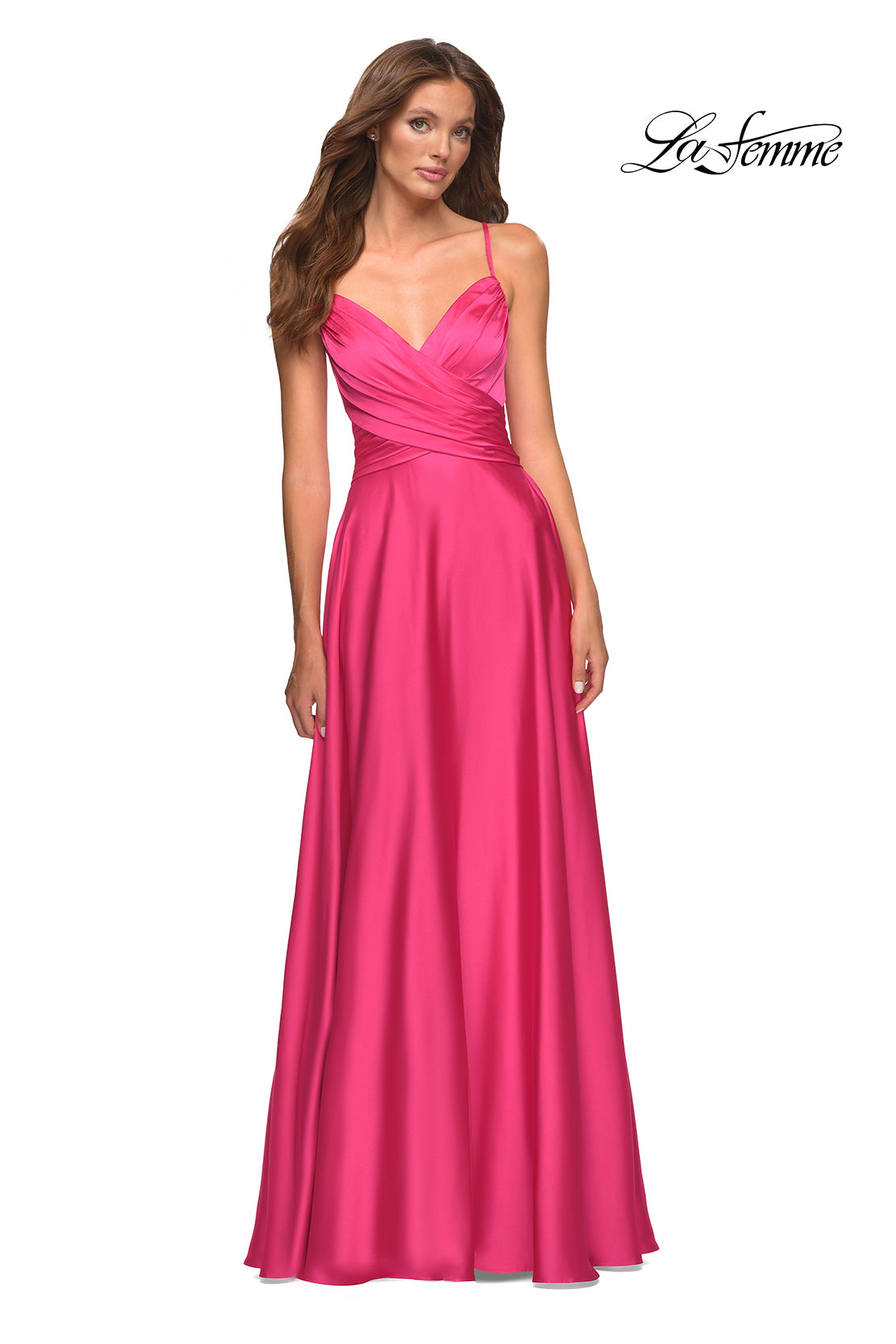 Picture of: Satin Hot Pink Gown with Criss-Cross Ruched Top in Pink, Style: 30616, Detail Picture 1