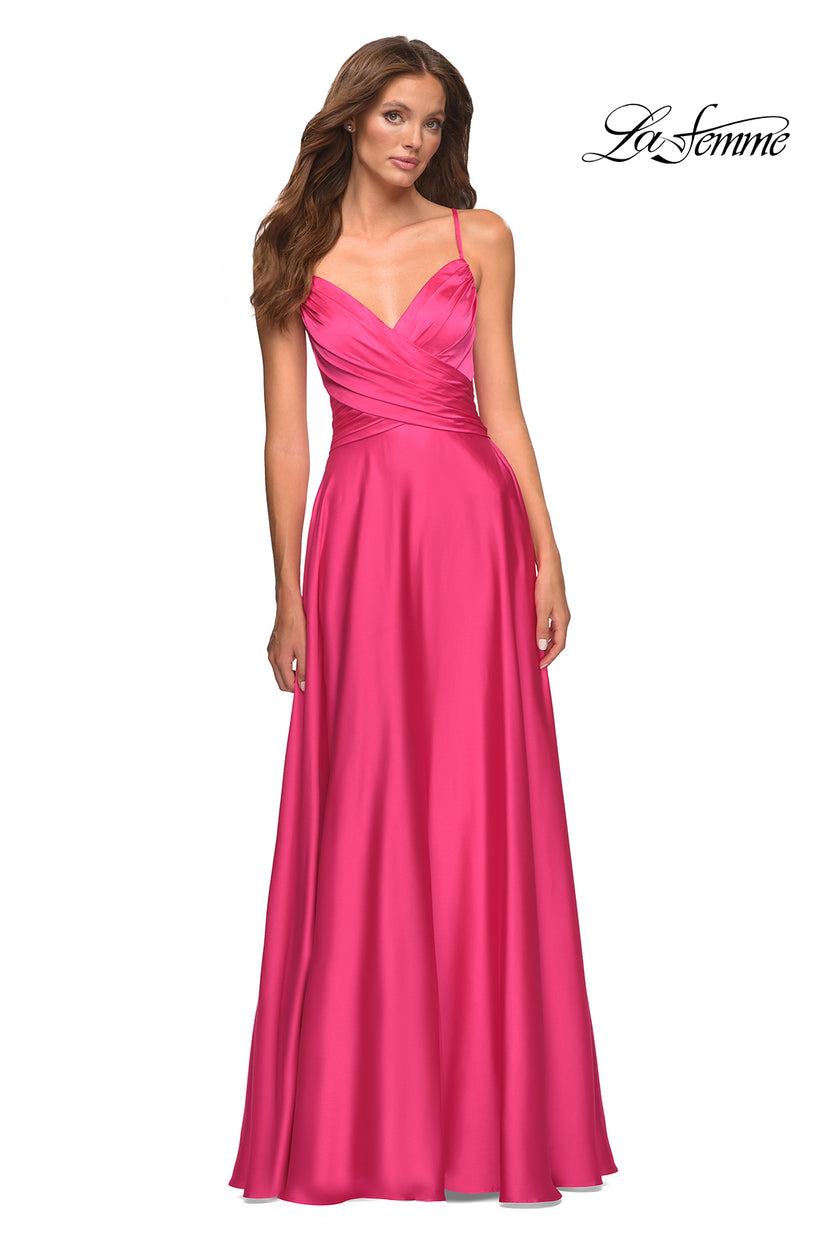 Picture of: Satin Hot Pink Gown with Criss-Cross Ruched Top in Pink, Style: 30616, Detail Picture 1