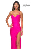 Picture of: Bustier Top Jersey Prom Dress with Intricate Lace Up Back in Hot Pink, Style: 32256, Detail Picture 2