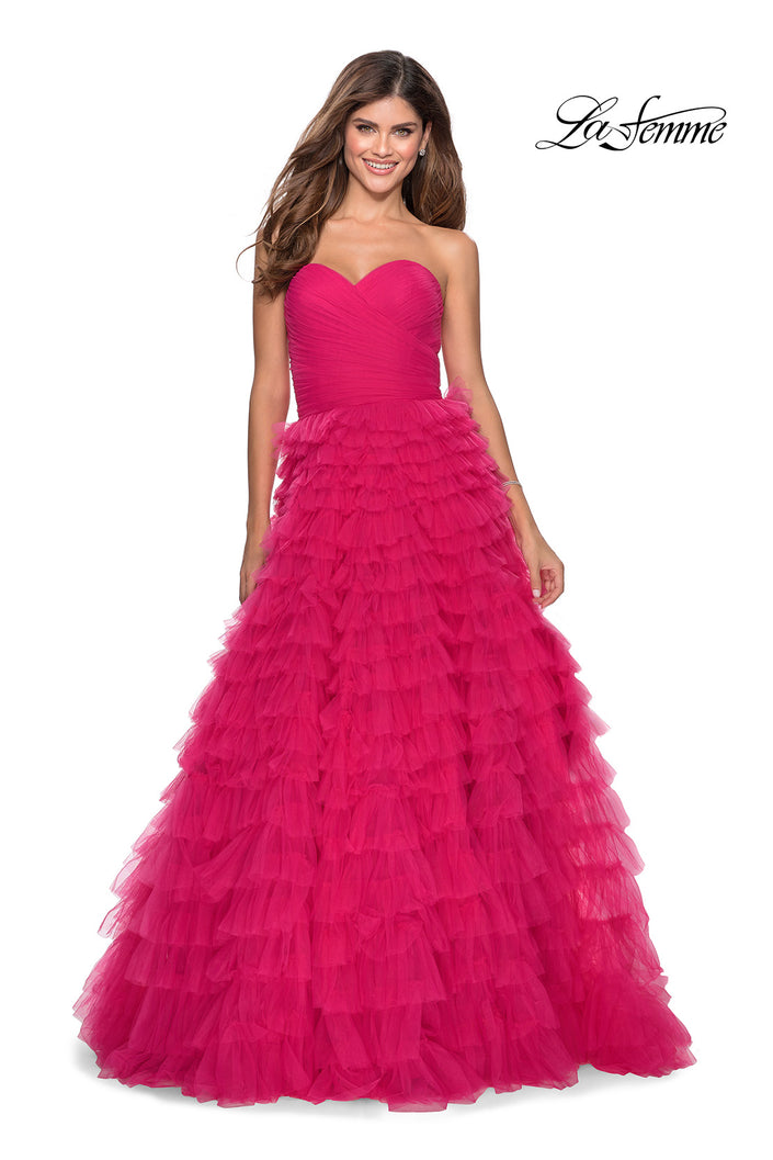 Picture of: Cascading Tulle Strapless Gown with Ruching in Hot Pink, Style: 28345, Detail Picture 3