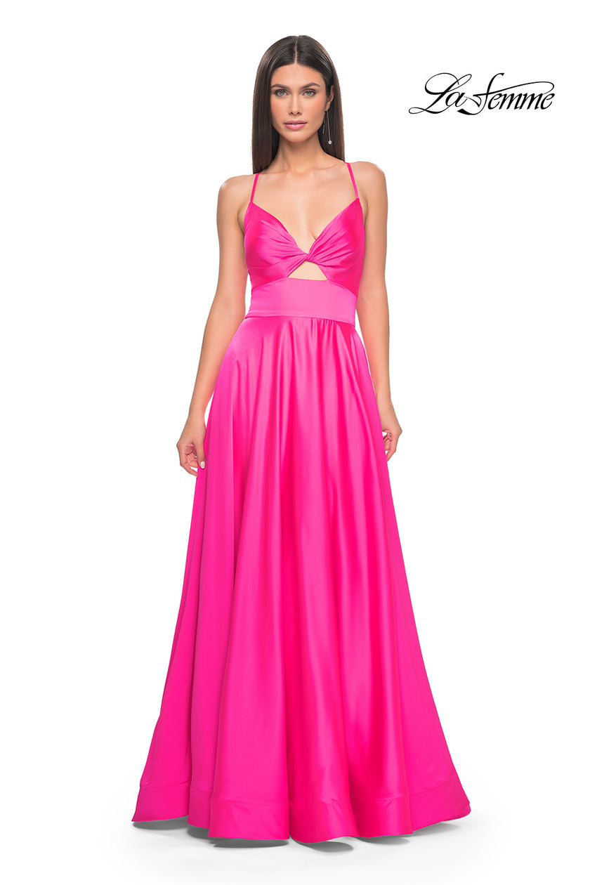 Picture of: Satin A-Line Gown with Cut Out and Twist Bodice in Neon in Hot Pink, Style: 31412, Detail Picture 3