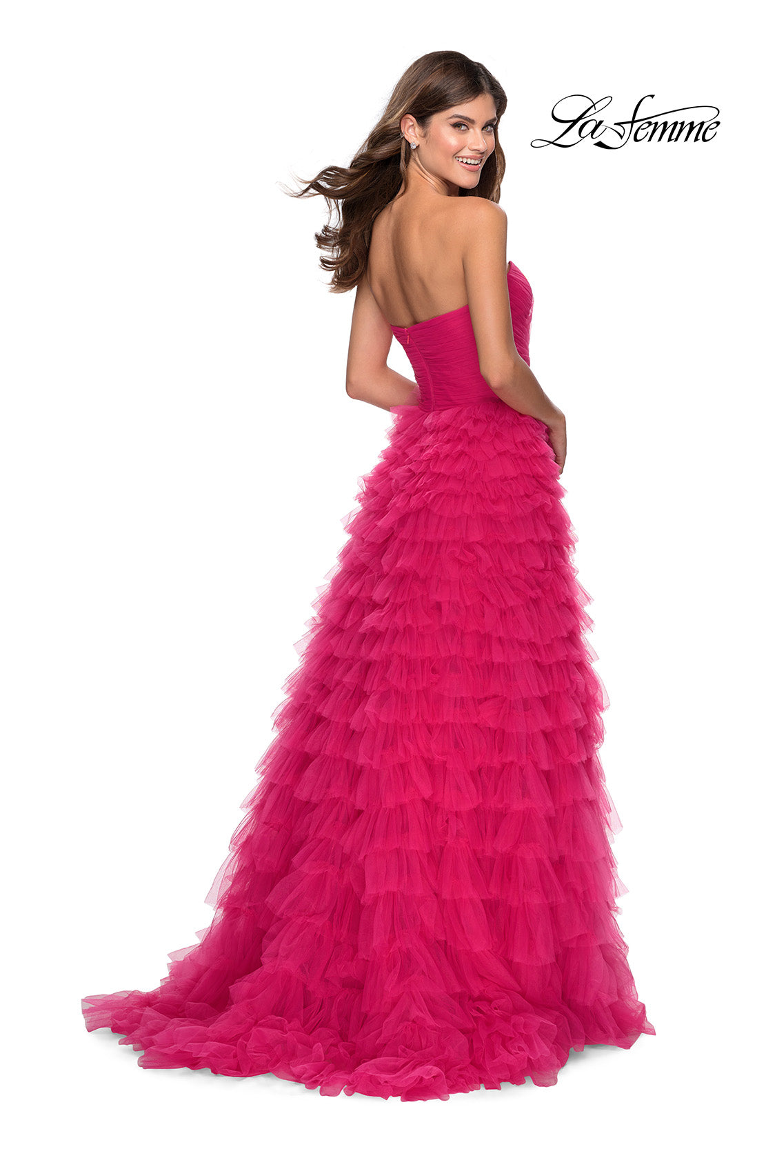 Picture of: Cascading Tulle Strapless Gown with Ruching in Hot Pink, Style: 28345, Detail Picture 4
