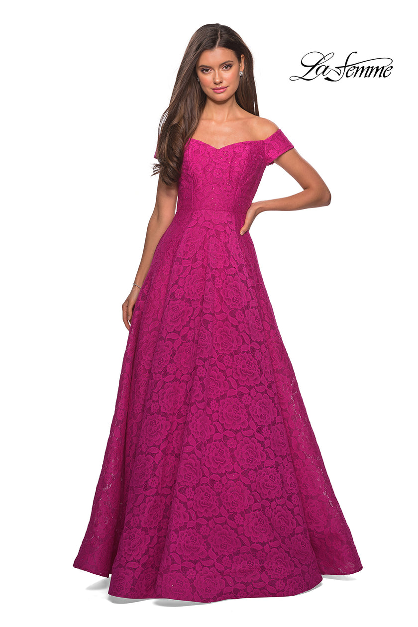 Picture of: Off the Shoulder Floor Length Dress with Rhinestones in Hot Pink, Style: 27556, Detail Picture 6