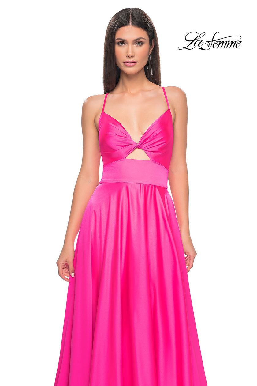 Picture of: Satin A-Line Gown with Cut Out and Twist Bodice in Neon in Hot Pink, Style: 31412, Detail Picture 6