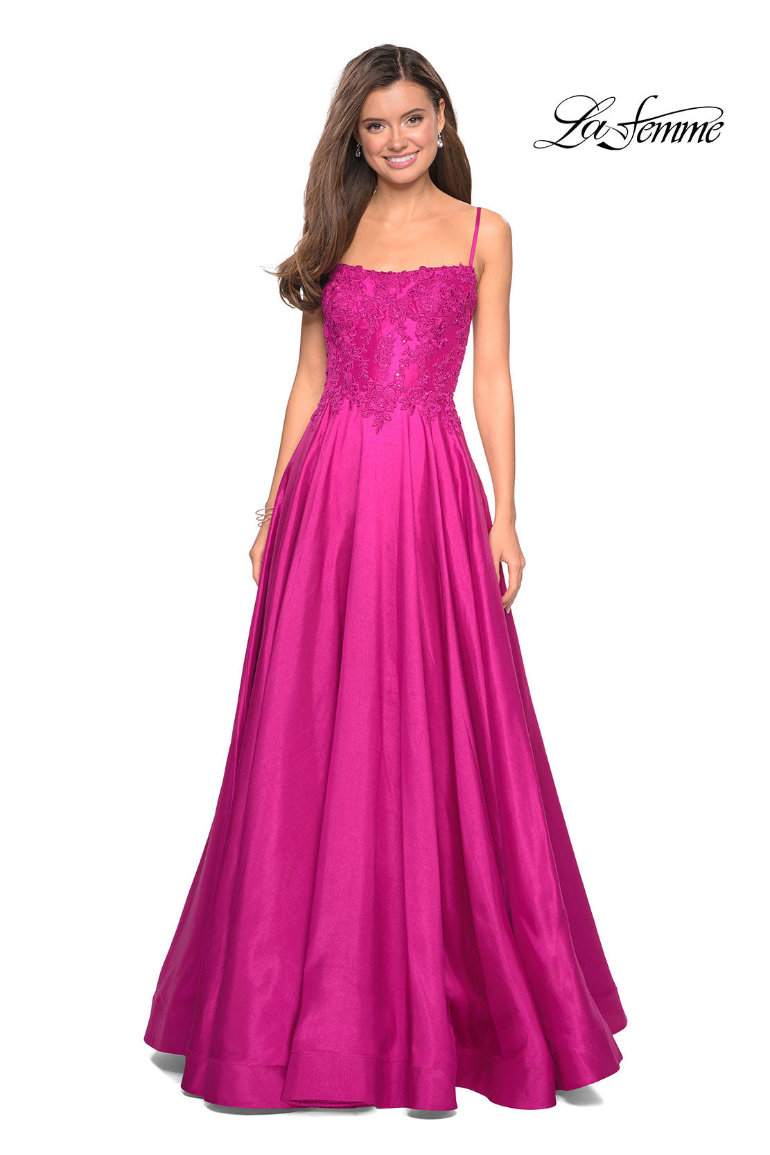 Picture of: Long Mikado Gown with Lace Bust and Open Back in Hot Pink, Style: 27222, Detail Picture 7