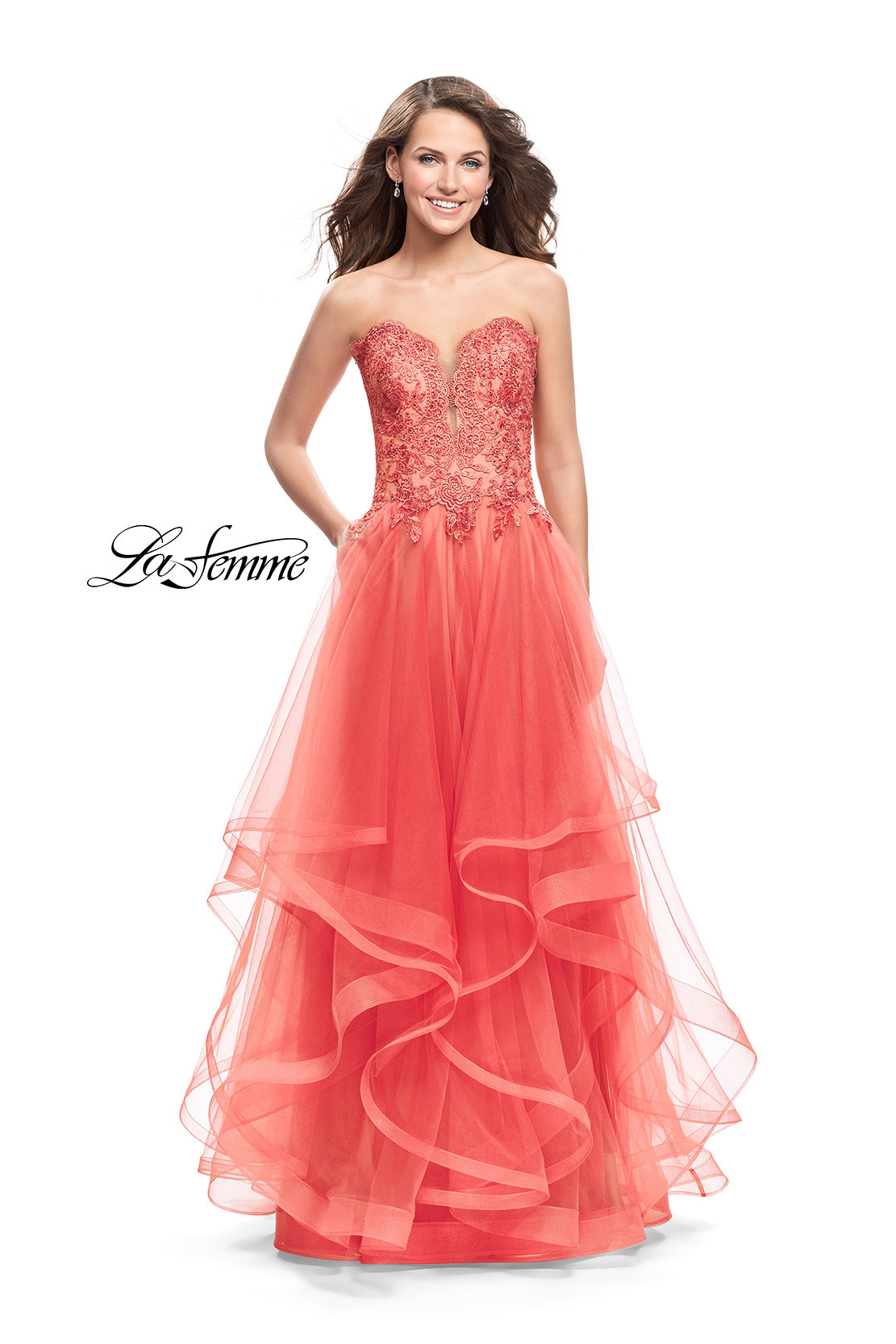 Picture of: Strapless Ruffle Tulle Ball Gown with Beaded Lace Bodice in Hot Coral, Style: 25515, Main Picture