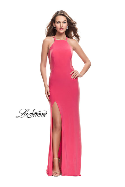Picture of: Long Jersey Prom Dress with Strappy Open Back in Hot Coral, Style: 25736, Main Picture