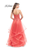 Picture of: Strapless Ruffle Tulle Ball Gown with Beaded Lace Bodice in Hot Coral, Style: 25515, Back Picture
