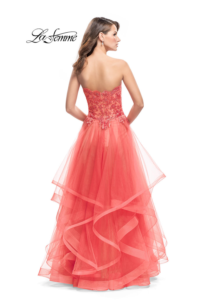 Picture of: Strapless Ruffle Tulle Ball Gown with Beaded Lace Bodice in Hot Coral, Style: 25515, Back Picture