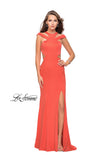 Picture of: Long Jersey Prom Dress with Ruffle Detail and Slit in Hot Coral, Style: 25971, Back Picture