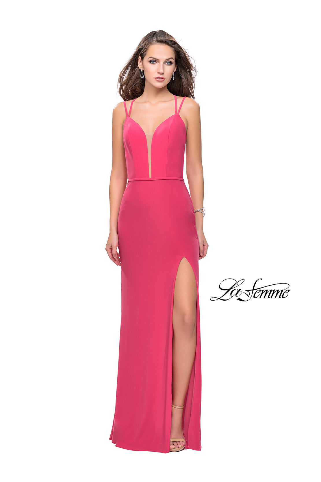 Picture of: Form Fitting Jersey Prom Dress with Side Leg Slit in Hot Coral, Style: 25725, Detail Picture 2