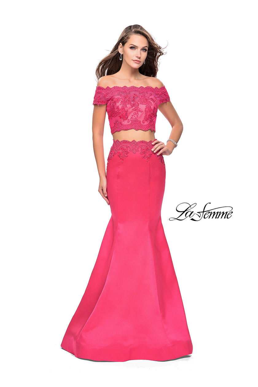 Picture of: Mikado Two Piece Prom Dress with Lace and Beading in Hot Pink, Style: 25583, Main Picture