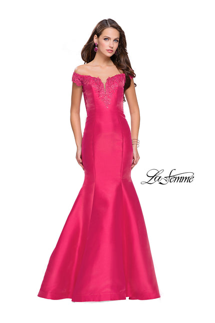 Picture of: Off The Shoulder Mikado Mermaid Gown with Lace in Hot Pink, Style: 26001, Main Picture