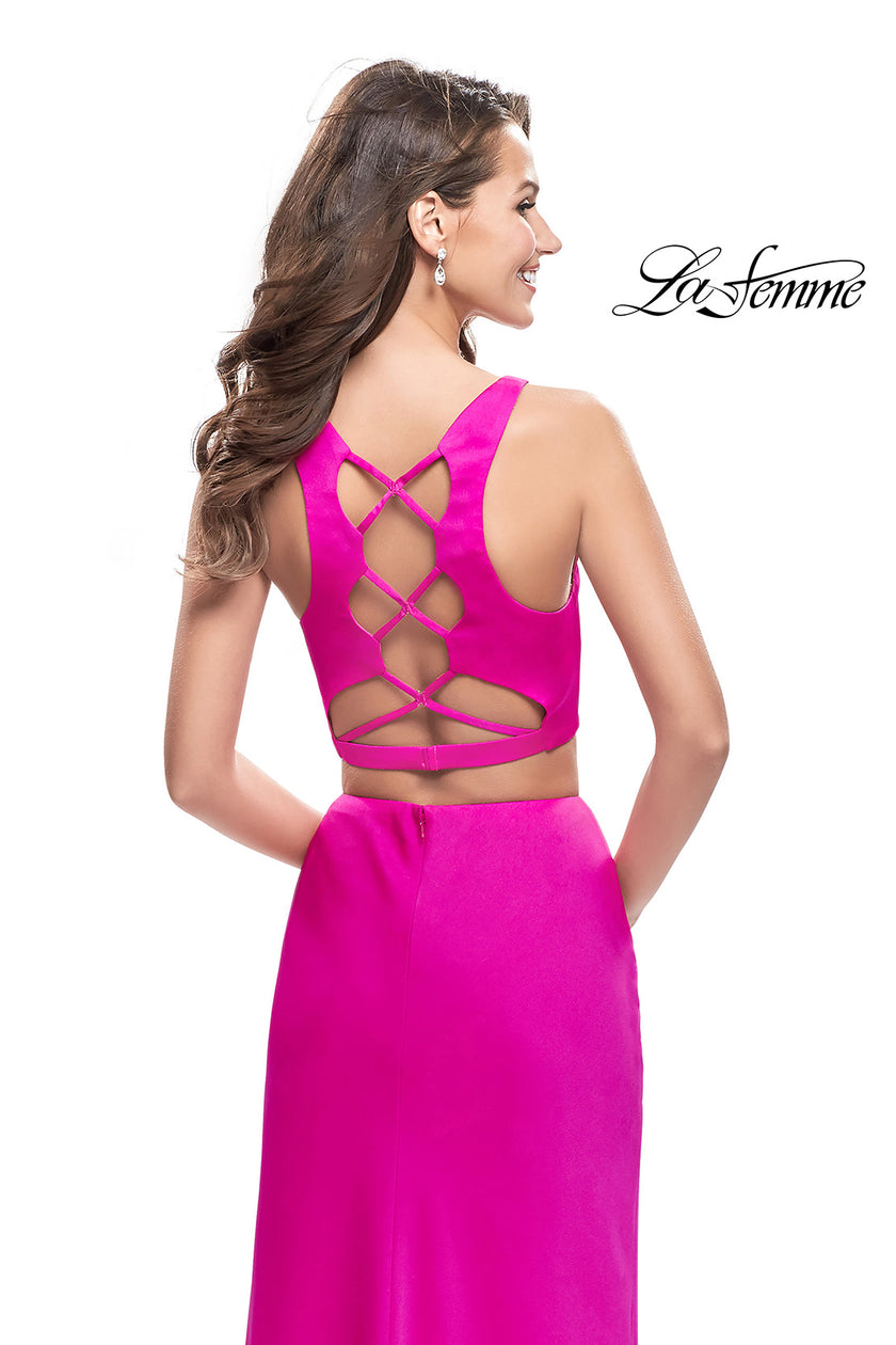 Picture of: Satin Two Piece Prom Dress with Leg Slit and Racer Back in Hot Pink, Style: 25599, Back Picture